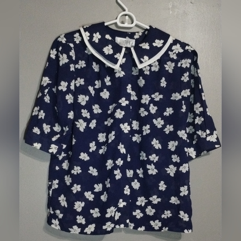 Josephine Vintage Navy Floral Blouse with White Trim